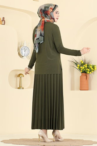 moda selvim Taşlı Pilise Etekli Takım 5581ZNN863 Haki - Thumbnail