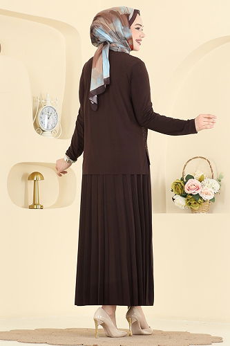 moda selvim Taşlı Pilise Etekli Takım 5581ZNN863 Kahve - Thumbnail