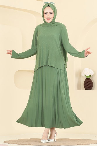 moda selvim Taşlı Pilise Etekli Takım 5581ZNN863 Mint - Thumbnail