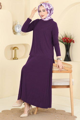 Z.N.N. - Taşlı Pilise Etekli Takım 5581ZNN863 Mürdüm