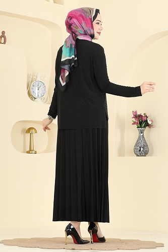moda selvim Taşlı Pilise Etekli Takım 5581ZNN863 Siyah - Thumbnail