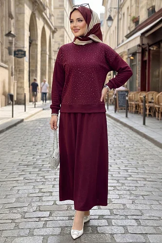 moda selvim Taşlı Rahat 2 li Takım 115NZRK1200 Bordo - Thumbnail