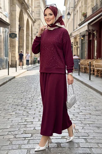 moda selvim Taşlı Rahat 2 li Takım 115NZRK1200 Bordo - Thumbnail
