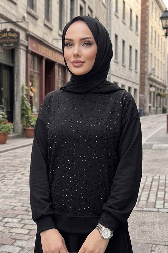 moda selvim Taşlı Rahat 2 li Takım 115NZRK1200 Siyah - Thumbnail