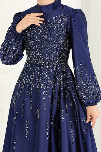 moda selvim Taşlı Saten Abiye 6561YG95 Laci - Thumbnail