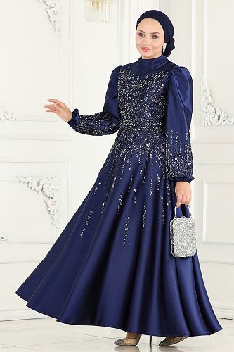 moda selvim Taşlı Saten Abiye 6561YG95 Laci - Thumbnail