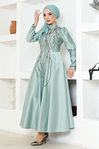moda selvim Taşlı Saten Şık Elbise YGS6357-M Mint - Thumbnail
