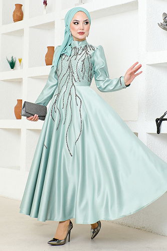 moda selvim Taşlı Saten Şık Elbise YGS6357-M Mint - Thumbnail