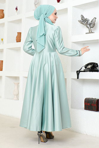 moda selvim Taşlı Saten Şık Elbise YGS6357-M Mint - Thumbnail