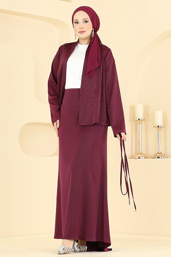 moda selvim Taşlı Saten Şık Takım 8312AB368 Bordo - Thumbnail