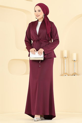moda selvim Taşlı Saten Şık Takım 8312AB368 Bordo - Thumbnail