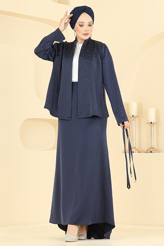 moda selvim Taşlı Saten Şık Takım 8312AB368 Laci - Thumbnail