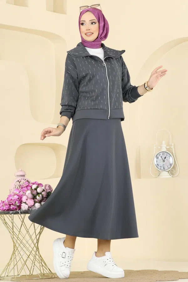 Modaselvim Kombin Taşlı Scuba Etekli Takım 7099TEG847 Antrasit