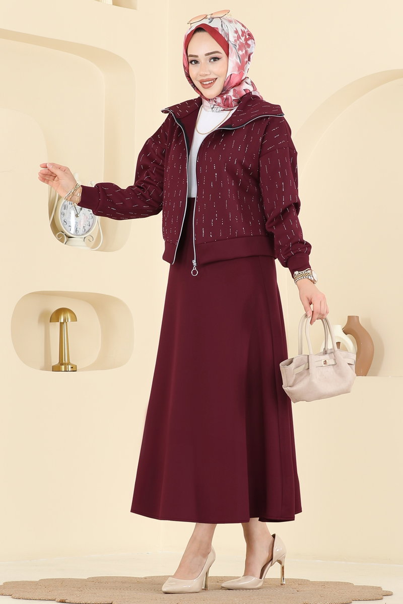 Taşlı Scuba Etekli Takım 7099TEG847 Bordo