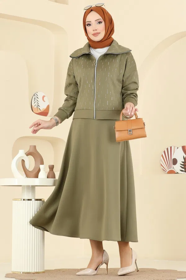 Modaselvim Kombin Taşlı Scuba Etekli Takım 7099TEG847 Haki