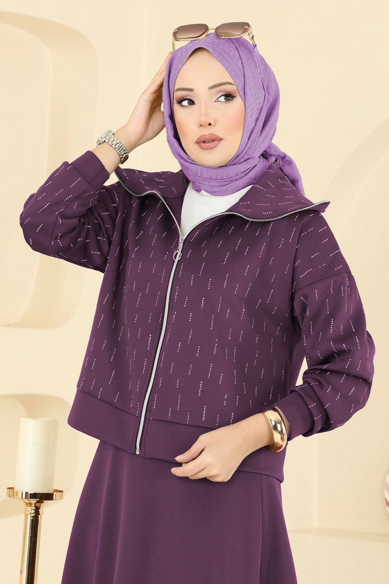 Taşlı Scuba Etekli Takım 7099TEG847 Mürdüm