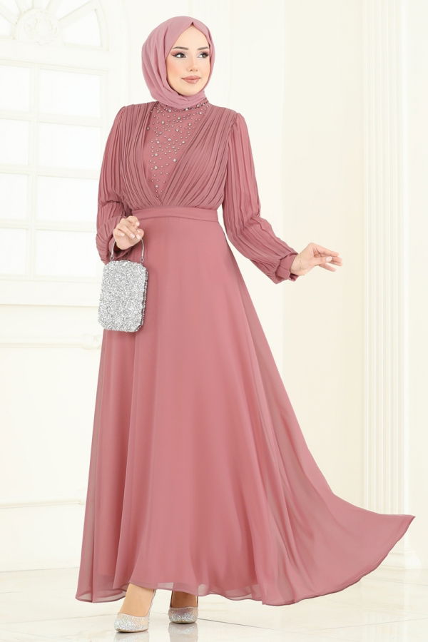 Modaselvim ABİYE Taşlı Şifon Abiye 0404ALG474 Gül Kurusu