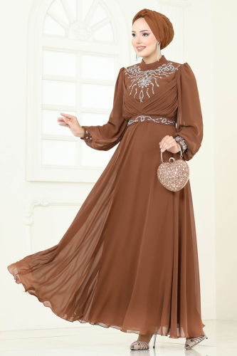 moda selvim Taşlı Şifon Abiye 8010AB368 Bakır - Thumbnail