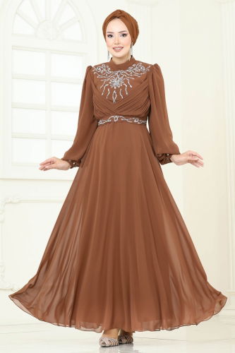 moda selvim Taşlı Şifon Abiye 8010AB368 Bakır - Thumbnail