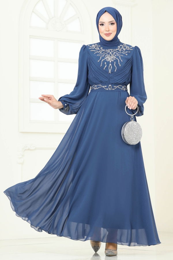 Modaselvim ABİYE Taşlı Şifon Abiye 8010AB368 İndigo