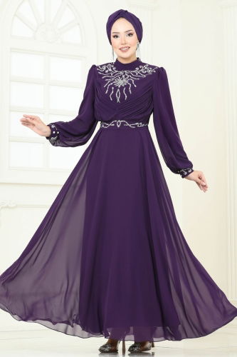 moda selvim Taşlı Şifon Abiye 8010AB368 Mor - Thumbnail