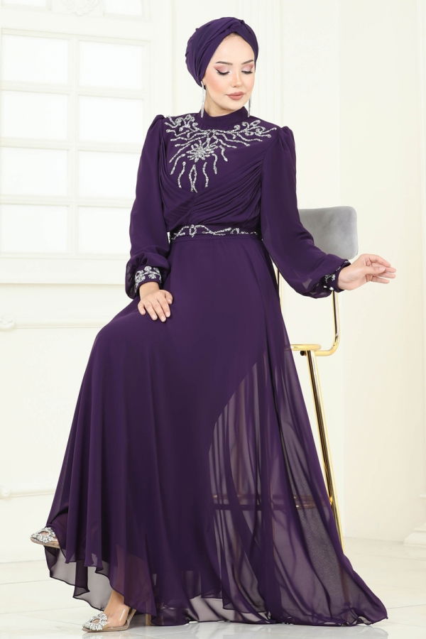 Modaselvim ABİYE Taşlı Şifon Abiye 8010AB368 Mor