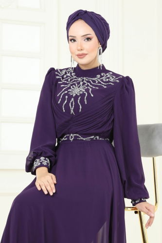 moda selvim Taşlı Şifon Abiye 8010AB368 Mor - Thumbnail