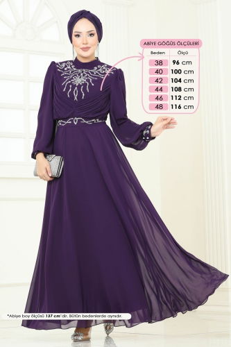 moda selvim Taşlı Şifon Abiye 8010AB368 Mor - Thumbnail