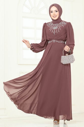 moda selvim Taşlı Şifon Abiye 8010AB368 Pudra Vizyon - Thumbnail