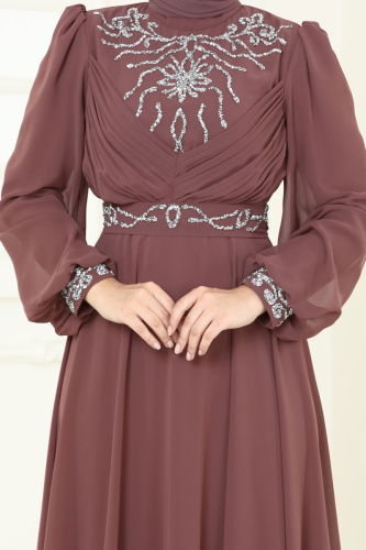 moda selvim Taşlı Şifon Abiye 8010AB368 Pudra Vizyon - Thumbnail