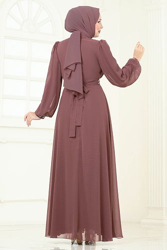 moda selvim Taşlı Şifon Abiye 8010AB368 Pudra Vizyon - Thumbnail