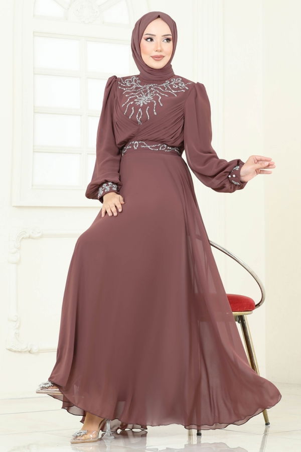 Modaselvim ABİYE Taşlı Şifon Abiye 8010AB368 Pudra Vizyon