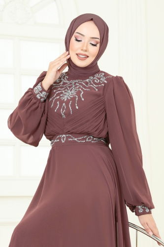 moda selvim Taşlı Şifon Abiye 8010AB368 Pudra Vizyon - Thumbnail