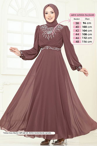 moda selvim Taşlı Şifon Abiye 8010AB368 Pudra Vizyon - Thumbnail