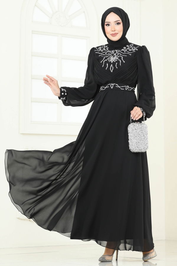 Modaselvim ABİYE Taşlı Şifon Abiye 8010AB368 Siyah