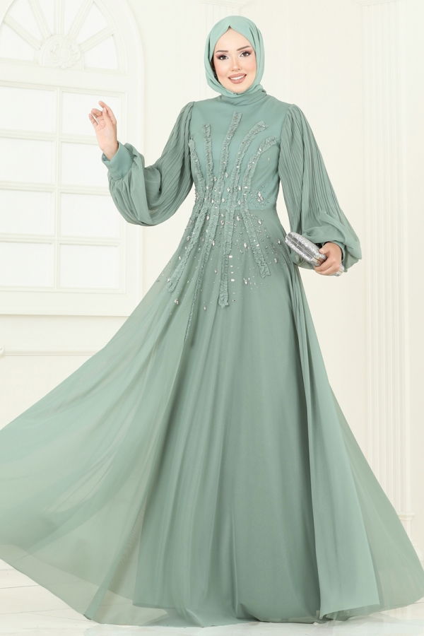Modaselvim ABİYE Taşlı Şifon Tesettür Abiye 5315D170 Mint