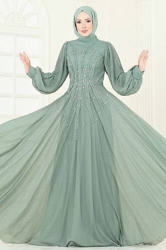 moda selvim Taşlı Şifon Tesettür Abiye 5315D170 Mint - Thumbnail