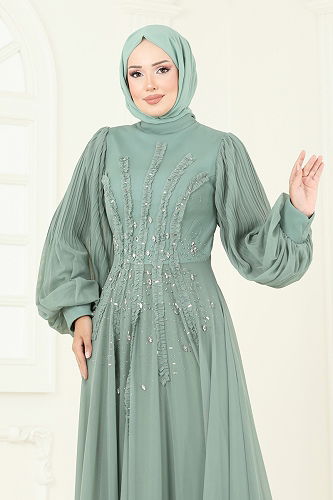 moda selvim Taşlı Şifon Tesettür Abiye 5315D170 Mint - Thumbnail