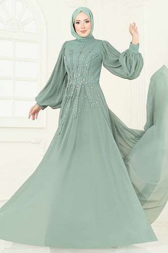 moda selvim Taşlı Şifon Tesettür Abiye 5315D170 Mint - Thumbnail