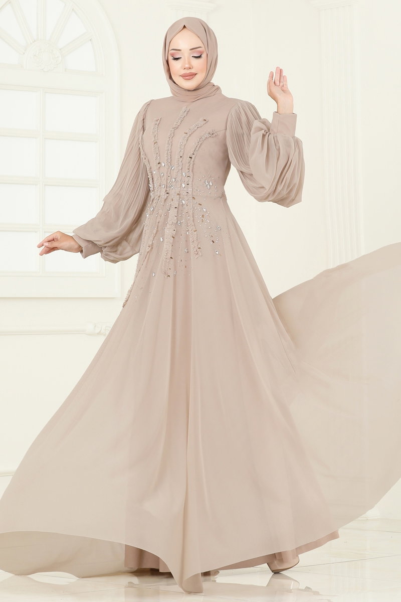 Taşlı Şifon Tesettür Abiye 5315D170 Pudra Vizyon