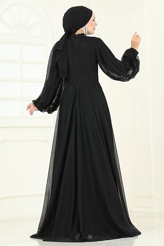 moda selvim Taşlı Şifon Tesettür Abiye 5315D170 Siyah - Thumbnail
