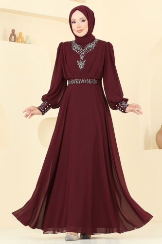 moda selvim Taşlı Şifon Tesettür Abiye 7084ABK1075 Bordo - Thumbnail
