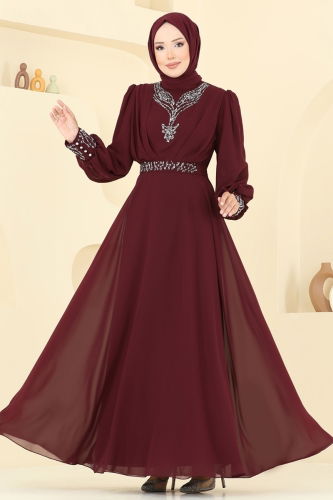 moda selvim Taşlı Şifon Tesettür Abiye 7084ABK1075 Bordo - Thumbnail