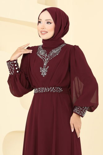moda selvim Taşlı Şifon Tesettür Abiye 7084ABK1075 Bordo - Thumbnail
