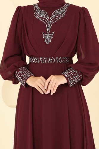 moda selvim Taşlı Şifon Tesettür Abiye 7084ABK1075 Bordo - Thumbnail