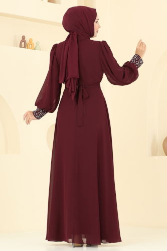 moda selvim Taşlı Şifon Tesettür Abiye 7084ABK1075 Bordo - Thumbnail