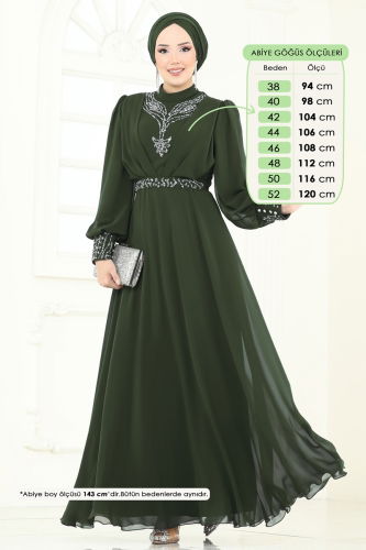 moda selvim Taşlı Şifon Tesettür Abiye 7084ABK1075 Haki - Thumbnail