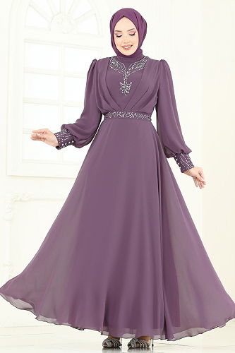 moda selvim Taşlı Şifon Tesettür Abiye 7084ABK1075 Koyu Lila - Thumbnail