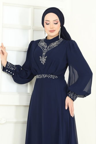 moda selvim Taşlı Şifon Tesettür Abiye 7084ABK1075 Laci - Thumbnail