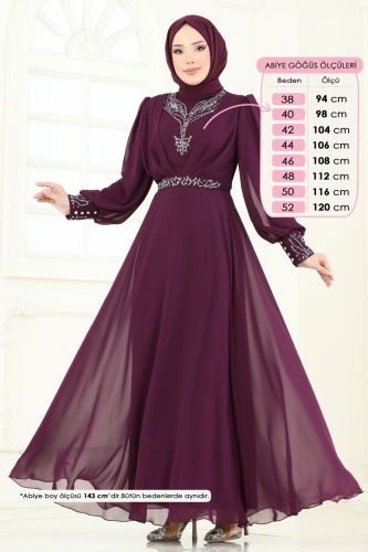 moda selvim Taşlı Şifon Tesettür Abiye 7084ABK1075 Mor - Thumbnail